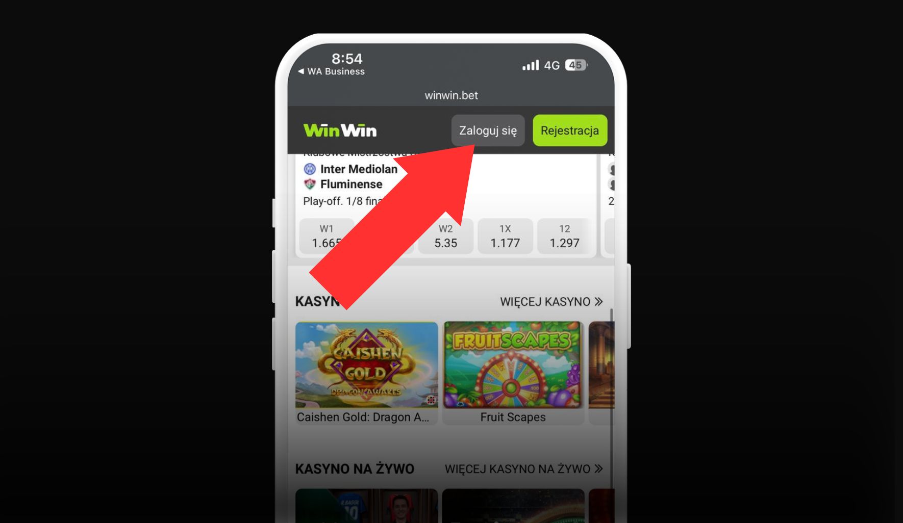 Kliknij Zaloguj się na stronie głównej Winwin w Polsce